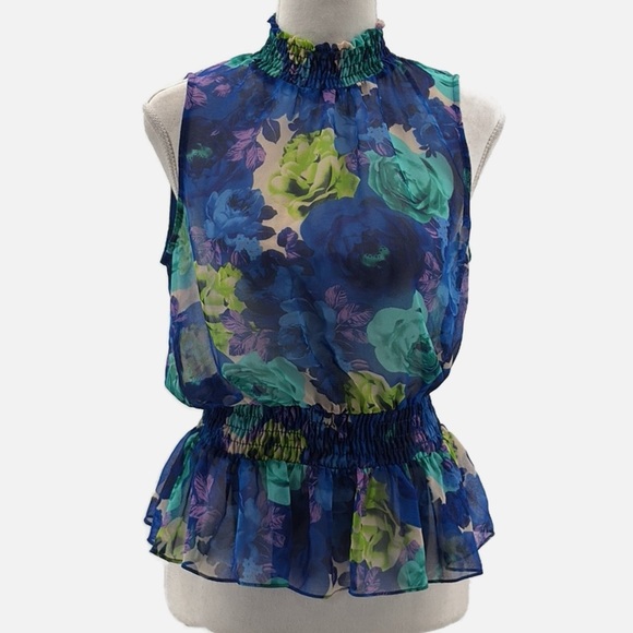 Misa Los Angeles Debra Mock Neck Smocked Waist Sleeveless Floral Blouse -Size XS - Picture 2 of 8